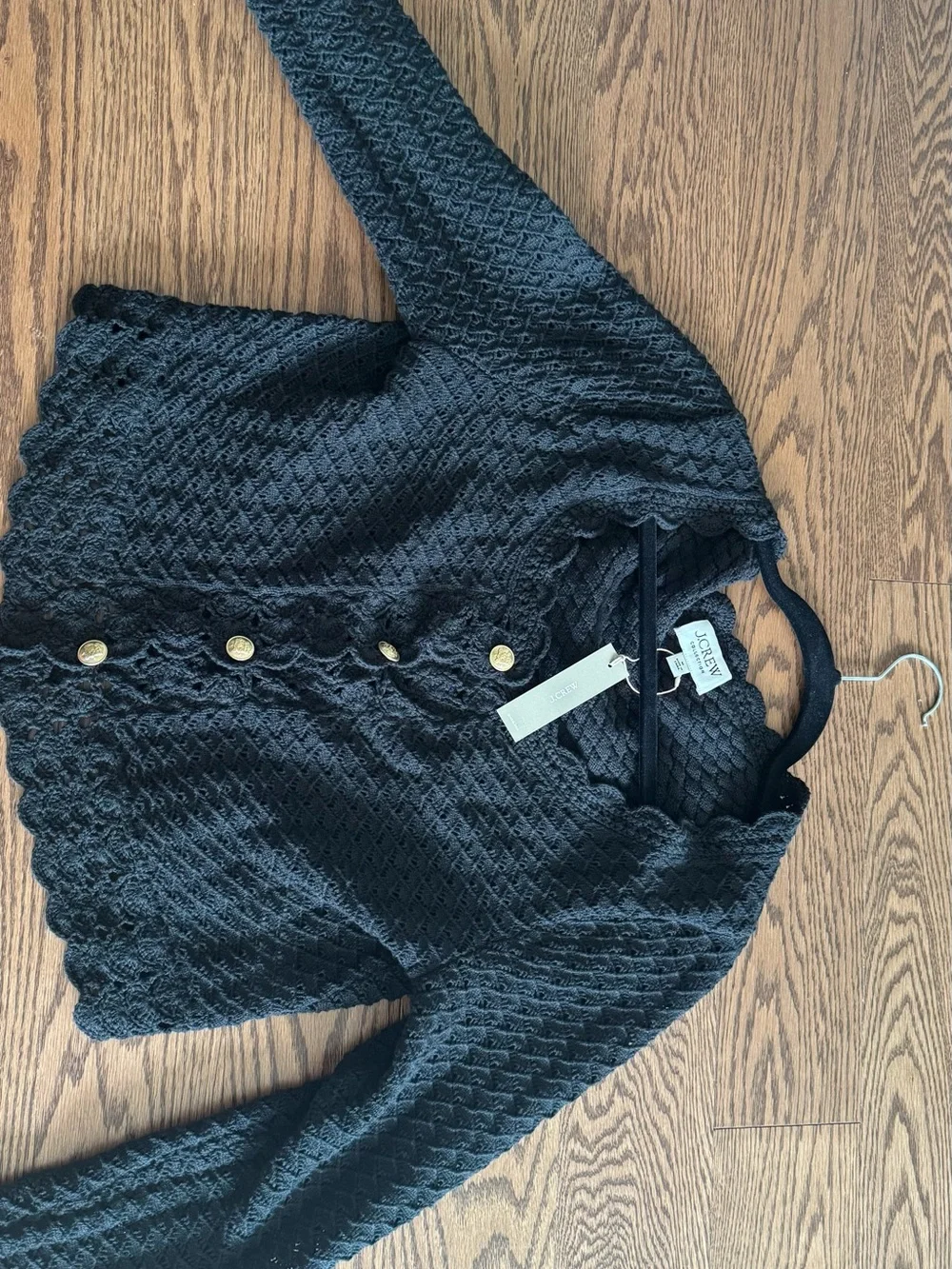 J. Crew Black Crocheted Scallop-Trim Cardigan with Gold Button (M)